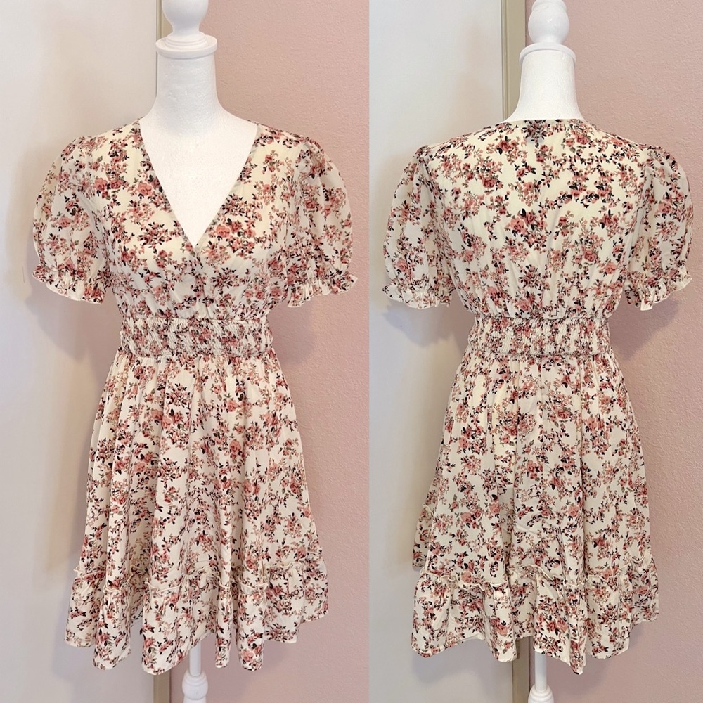 Floral Print Puff Sleeve Shirred Waist Ruffle Hem Dress